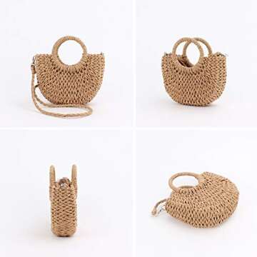 QTKJ Mini Semi-circle Rattan Straw Handbags, Hand-woven Women Summer Retro Straw Tote Bag Beach Tote Shoulder Bag Crossbody Bag Round Handle Beach Handbags