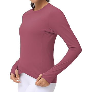Women's Long Sleeve Compression Shirts Workout Tops Cross Hem Athletic Running Yoga T-Shirts with Thumb Hole Rose Red