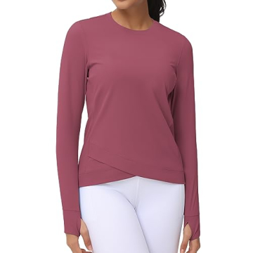 Women's Long Sleeve Compression Shirts Workout Tops Cross Hem Athletic Running Yoga T-Shirts with Thumb Hole Rose Red