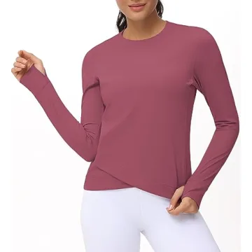 Women's Long Sleeve Compression Shirts Workout Tops Cross Hem Athletic Running Yoga T-Shirts with Thumb Hole Rose Red