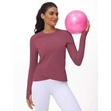 Women's Long Sleeve Compression Shirts Workout Tops Cross Hem Athletic Running Yoga T-Shirts with Thumb Hole Rose Red