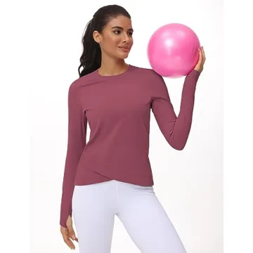 Women's Long Sleeve Compression Shirts Workout Tops Cross Hem Athletic Running Yoga T-Shirts with Thumb Hole Rose Red