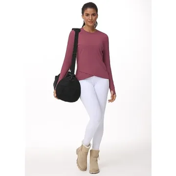 Women's Long Sleeve Compression Shirts Workout Tops Cross Hem Athletic Running Yoga T-Shirts with Thumb Hole Rose Red