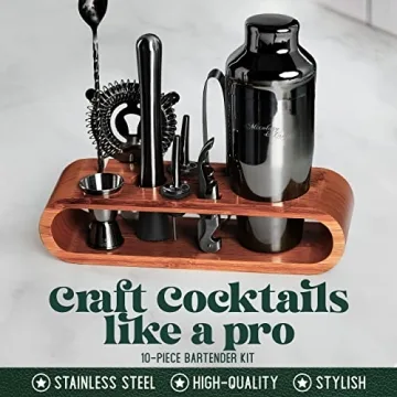 Mixology Bar Tool Set with Mahogany Stand for Home Bartending