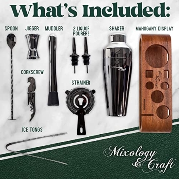 Mixology Bar Tool Set with Mahogany Stand for Home Bartending