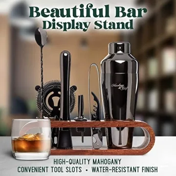 Mixology Bar Tool Set with Mahogany Stand for Home Bartending