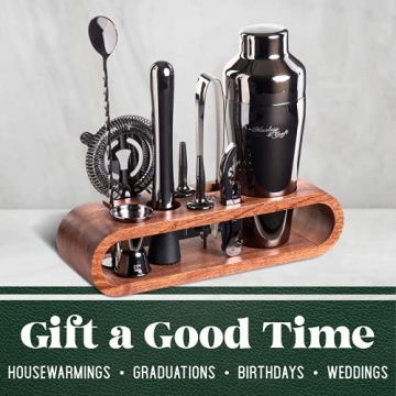 Mixology Bar Tool Set with Mahogany Stand for Home Bartending