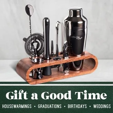 Mixology Bar Tool Set with Mahogany Stand for Home Bartending