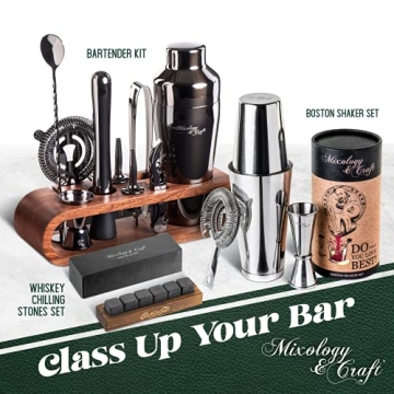 Mixology Bar Tool Set with Mahogany Stand for Home Bartending