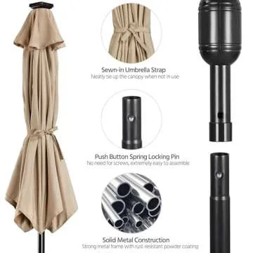 Yaheetech 10FT Solar Powered Patio Umbrella - UV Protection Market Table Umbrella w/ 32 LED Lights & Push Button Tilt & Crank Lift System for Garden/Lawn/Deck/Backyard/Pool,Tan