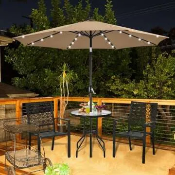 Yaheetech 10FT Solar Powered Patio Umbrella - UV Protection Market Table Umbrella w/ 32 LED Lights & Push Button Tilt & Crank Lift System for Garden/Lawn/Deck/Backyard/Pool,Tan