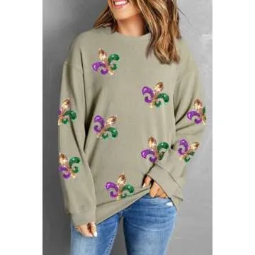 MARZXIN Women 2025 Holiday Casual Mardi Gras Sweatshirts Long Sleeve Sequin Sweatshirt Fashion Glitter Hoodies Outfits Mardi Gras Green L