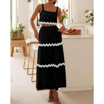 BTFBM Women Summer 2 Piece Beach Vacation Outfits Casual Sleeveless Crop Tops High Waisted Maxi Skir...
