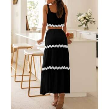 BTFBM Women Summer 2 Piece Beach Vacation Outfits Casual Sleeveless Crop Tops High Waisted Maxi Skirt Sets with Pocket(Black, X-Large)