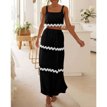BTFBM Women Summer 2 Piece Beach Vacation Outfits Casual Sleeveless Crop Tops High Waisted Maxi Skirt Sets with Pocket(Black, X-Large)