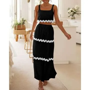BTFBM Women Summer 2 Piece Beach Vacation Outfits Casual Sleeveless Crop Tops High Waisted Maxi Skirt Sets with Pocket(Black, X-Large)