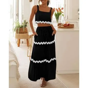 BTFBM Women Summer 2 Piece Beach Vacation Outfits Casual Sleeveless Crop Tops High Waisted Maxi Skirt Sets with Pocket(Black, X-Large)
