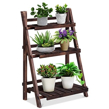 Giantex 3 Tier Folding Wooden Plant Stand, Indoor Flower Pot Holder Display Rack, Free Installation ...