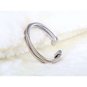 UNY JEWEL Jewelry Double Line Cross Over Twisted Cable Wire Bracelet Vintage Fashion Antique Design Elegant Unique Retro Cuff Bangle Bracelet (Double Line)