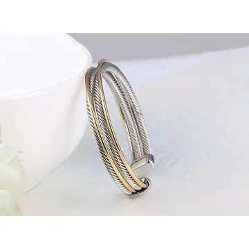 UNY JEWEL Jewelry Double Line Cross Over Twisted Cable Wire Bracelet Vintage Fashion Antique Design Elegant Unique Retro Cuff Bangle Bracelet (Double Line)