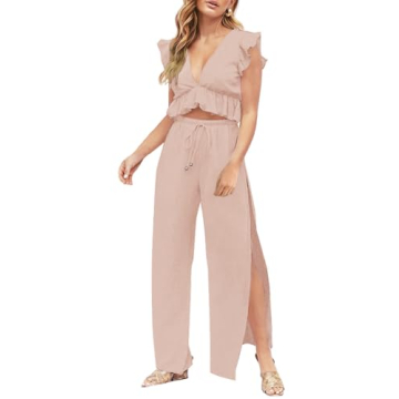 FANCYINN 2 Pieces Summer Outfits for Women Deep V Neck Crop Top Side Slit Drawstring Wide Leg Pants ...