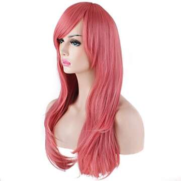 Akstore 28" 70cm Fashion Wigs Long Wavy Curly Hair Cosplay Wig & Wig Cap (Pink)