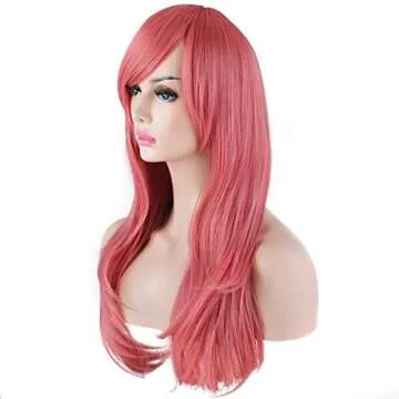 Akstore 28" 70cm Fashion Wigs Long Wavy Curly Hair Cosplay Wig & Wig Cap (Pink)