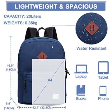 VASCHY Lightweight Backpack for School, Classic Basic Water Resistant Casual Daypack for Travel with...