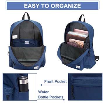 VASCHY Lightweight Backpack for School, Classic Basic Water Resistant Casual Daypack for Travel with Bottle Side Pockets (Navy)