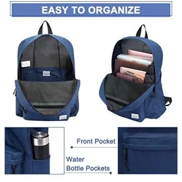 VASCHY Lightweight Backpack for School, Classic Basic Water Resistant Casual Daypack for Travel with Bottle Side Pockets (Navy)