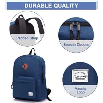 VASCHY Lightweight Backpack for School, Classic Basic Water Resistant Casual Daypack for Travel with Bottle Side Pockets (Navy)