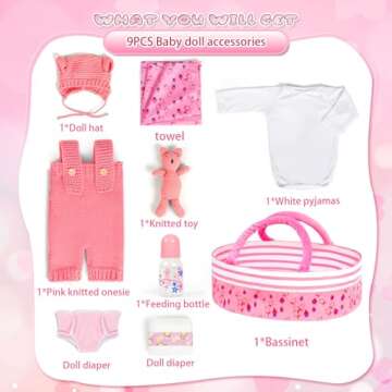 ARTST 9PCS Reborn Baby Doll Accessories Set with Bassinet and Knitted Outfit for 17-22 inch Newborn ...