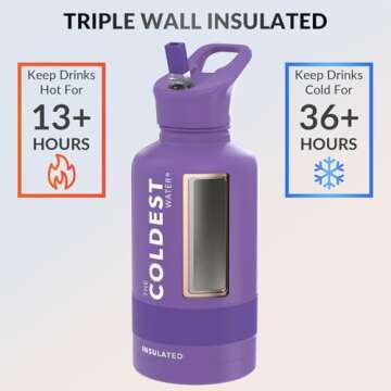 Coldest Sports Water Bottle with Straw Lid Vacuum Insulated Stainless Steel Metal Thermos Bottles Re...