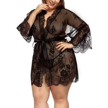 TGD Women's Plus Size Lace Lingerie Kimono Set