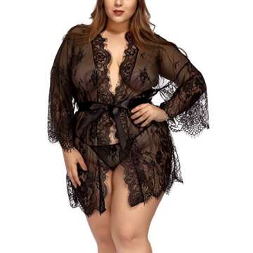 TGD Womens Lingerie Lace Plus Size Kimono Robe Mesh Nightgown Dress Sets(Black,XL)
