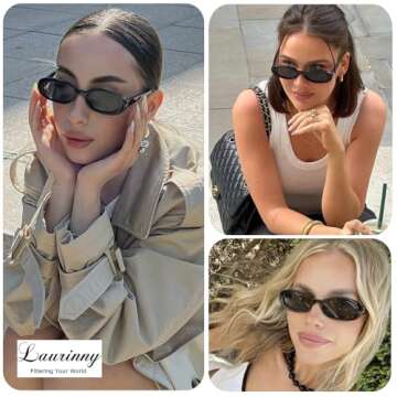 Laurinny Vintage Oval Sunglasses for Women Men, 90s Retro Small Oval Sunglasses Skinny Black Glasses UV400 Protection