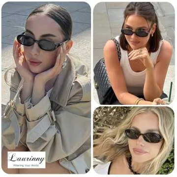 Laurinny Vintage Oval Sunglasses for Women Men, 90s Retro Small Oval Sunglasses Skinny Black Glasses UV400 Protection