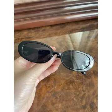 Laurinny Vintage Oval Sunglasses for Women Men, 90s Retro Small Oval Sunglasses Skinny Black Glasses UV400 Protection