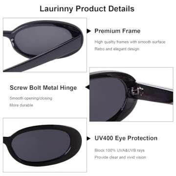 Laurinny Vintage Oval Sunglasses for Women Men, 90s Retro Small Oval Sunglasses Skinny Black Glasses UV400 Protection