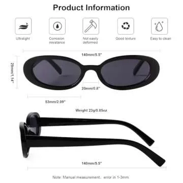 Laurinny Vintage Oval Sunglasses for Women Men, 90s Retro Small Oval Sunglasses Skinny Black Glasses UV400 Protection