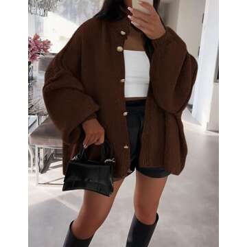 PRETTYGARDEN Women's Winter Button Down Cardigan Sweaters Mock Neck Lantern Long Sleeve Chunky Knit ...