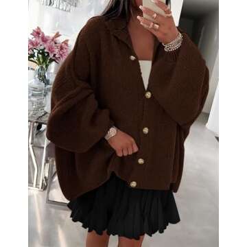 PRETTYGARDEN Women's Winter Button Down Cardigan Sweaters Mock Neck Lantern Long Sleeve Chunky Knit Jacket Trendy Outerwear (Brown,Small)