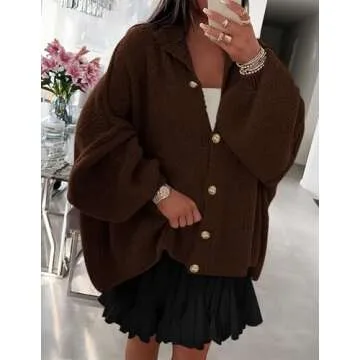 PRETTYGARDEN Women's Winter Button Down Cardigan Sweaters Mock Neck Lantern Long Sleeve Chunky Knit Jacket Trendy Outerwear (Brown,Small)