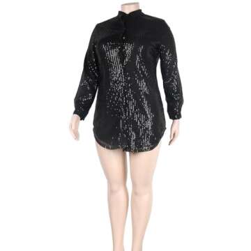 Vaceky Sequin Shirt Dress Women Collared Button Down Long Sleeve Flowy Tunic Dresses