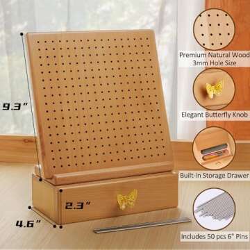 Premium Beech Wood Crochet Blocking Board Kit with 50 Stainless Steel Pins, Storage Drawer, Adjustab...