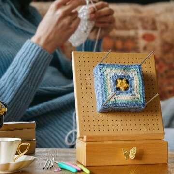 Premium Beech Wood Crochet Blocking Board Kit with 50 Stainless Steel Pins, Storage Drawer, Adjustable Stand, Ideal for Granny Squares, Crochet Projects, and Knitting (9.5" Beech)
