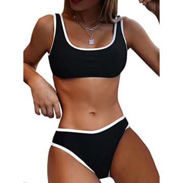 Hilinker Women's Color Block 2 Piece Swimsuit Scoop Neck High Cut Swimwear Sporty Bikini Set Black S...
