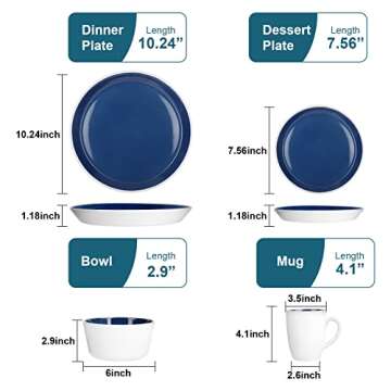 GOOD ALWAYS 16 Piece Christmas Gifts Coffee Cups, Plates and Bowls Sets, Round Ceramic Dinnerware is Kitchen Essentials for New Home (Blue & White)