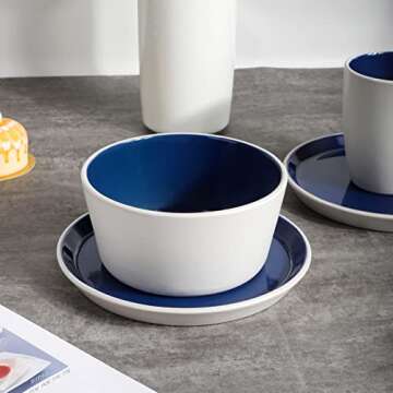GOOD ALWAYS 16 Piece Christmas Gifts Coffee Cups, Plates and Bowls Sets, Round Ceramic Dinnerware is Kitchen Essentials for New Home (Blue & White)
