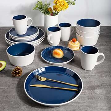 GOOD ALWAYS 16 Piece Christmas Gifts Coffee Cups, Plates and Bowls Sets, Round Ceramic Dinnerware is Kitchen Essentials for New Home (Blue & White)